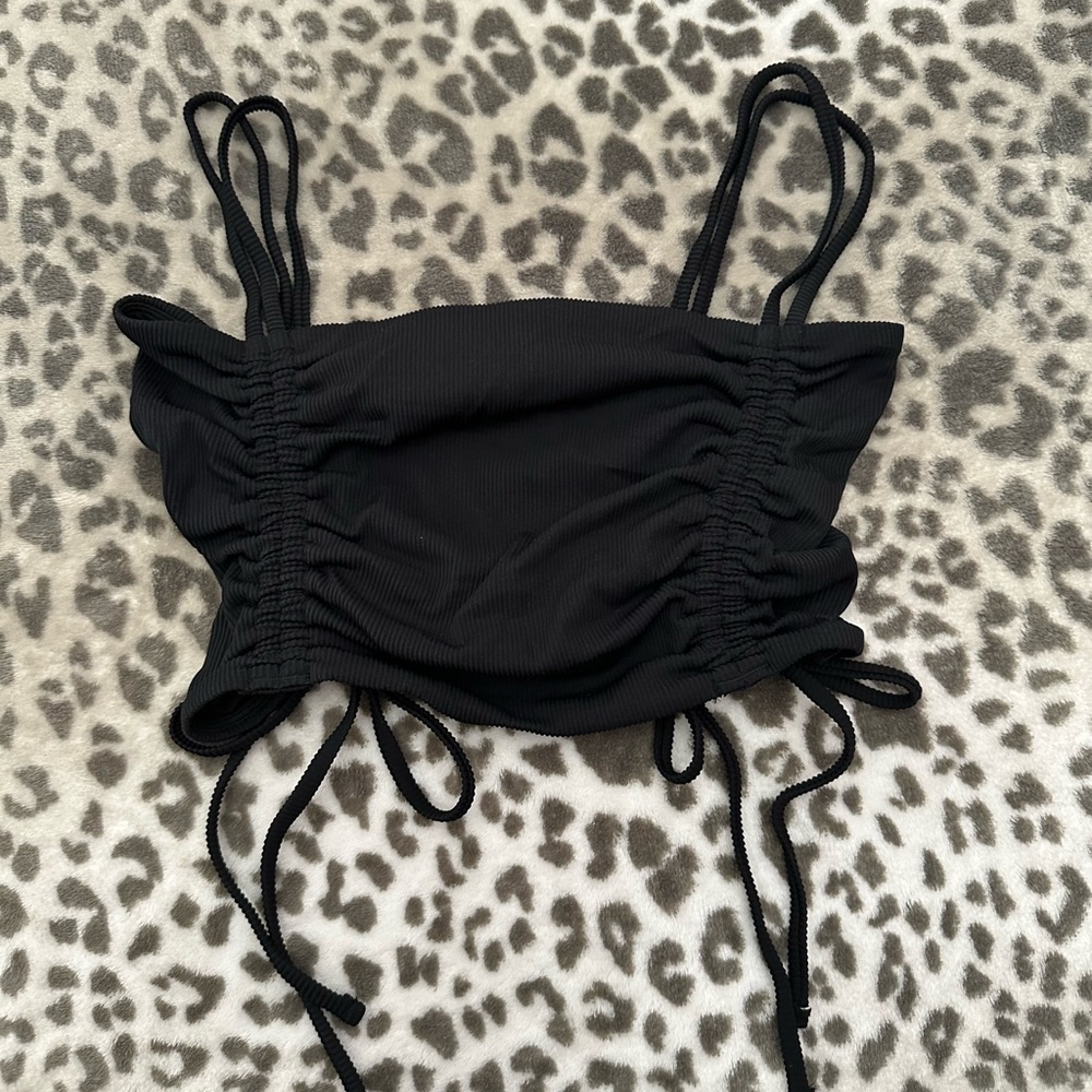 Aerie Ruched Ribbed Longline Bandeau Bikini Top in Black Size Small